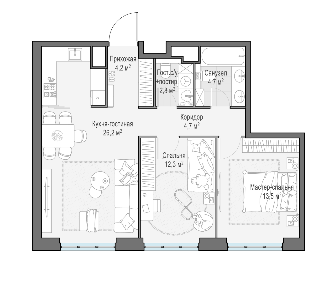 2 комн. квартира, 68.4 м², 14 этаж 