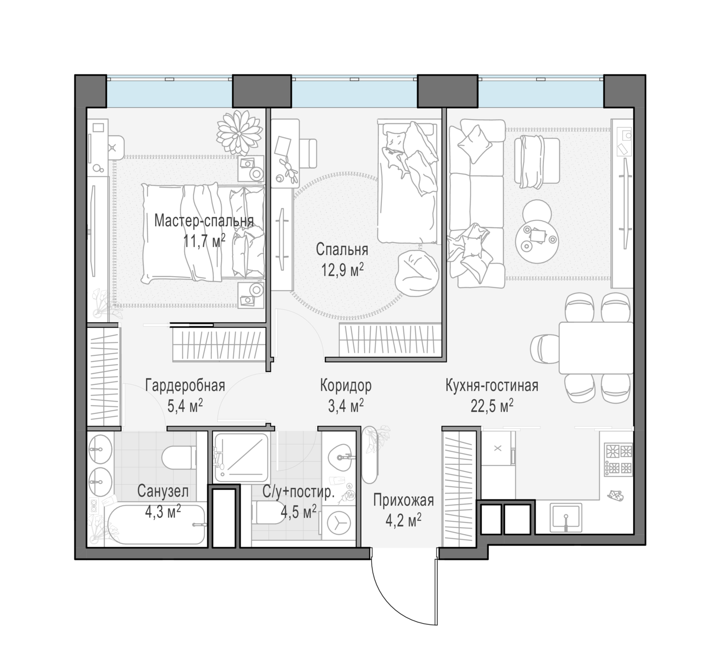 2 комн. квартира, 68.8 м², 11 этаж 