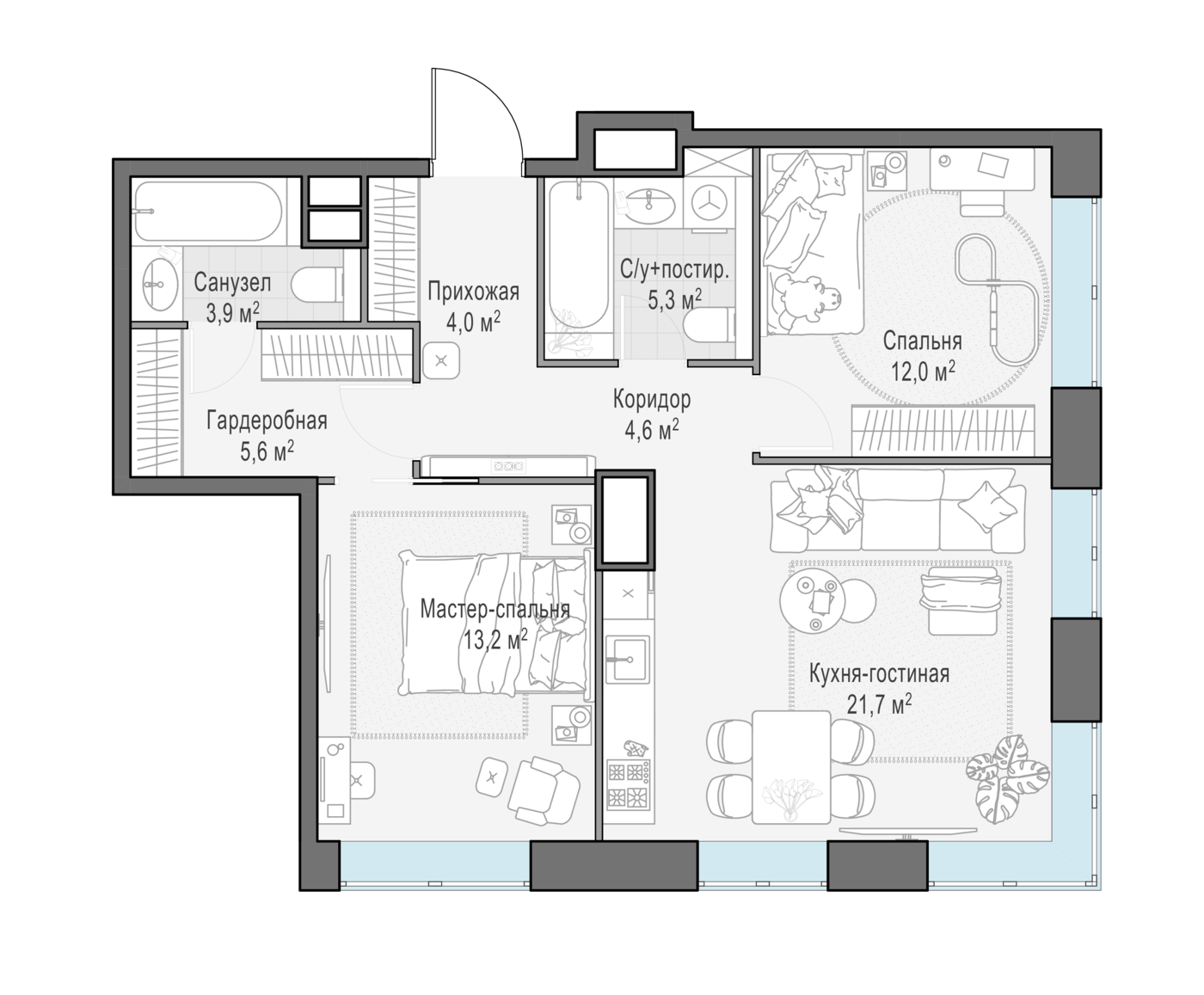 2 комн. квартира, 70.2 м², 13 этаж 
