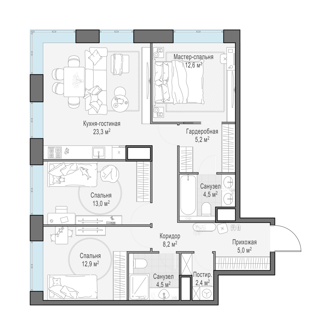 3 комн. квартира, 91.7 м², 13 этаж 