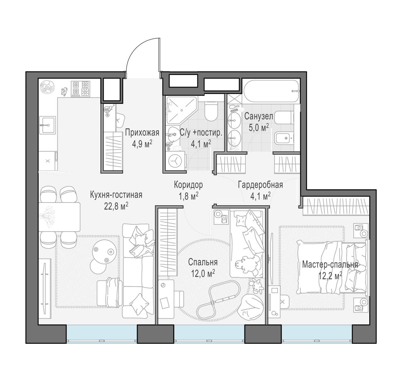 2 комн. квартира, 67.3 м², 13 этаж 