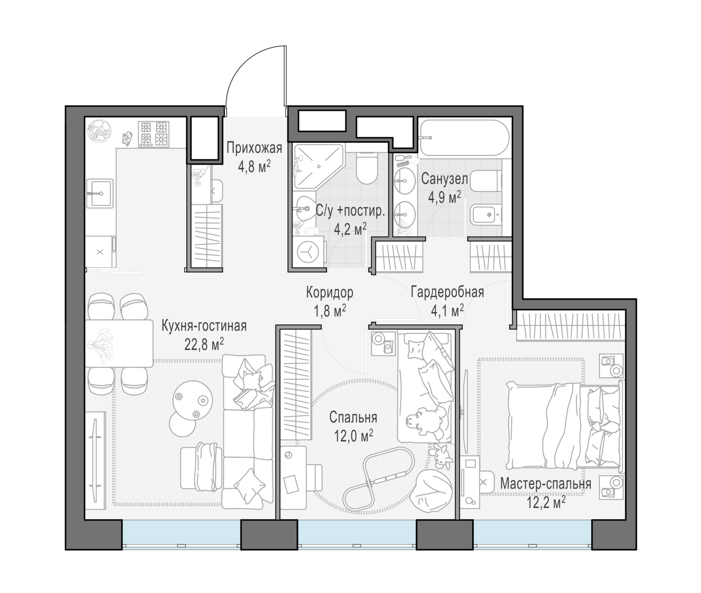 2 комн. квартира, 67 м², 13 этаж 