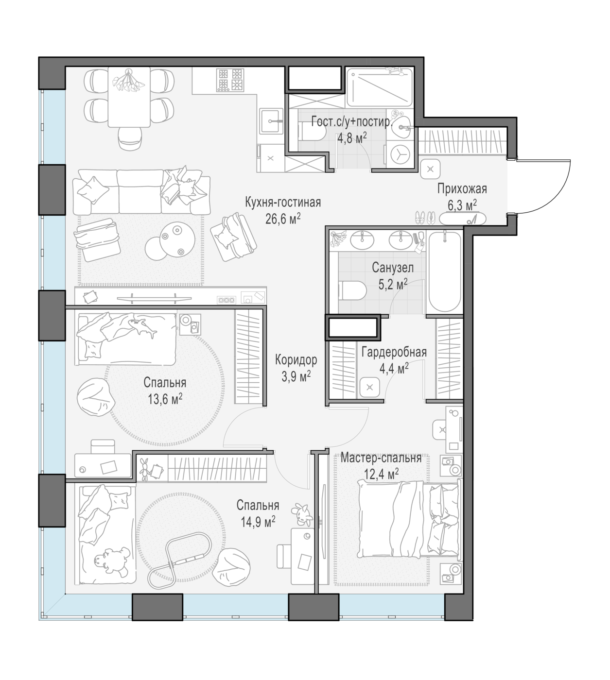 3 комн. квартира, 91.9 м², 13 этаж 