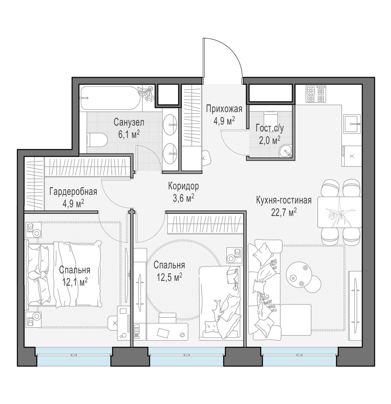 2 комн. квартира, 68.7 м², 12 этаж 