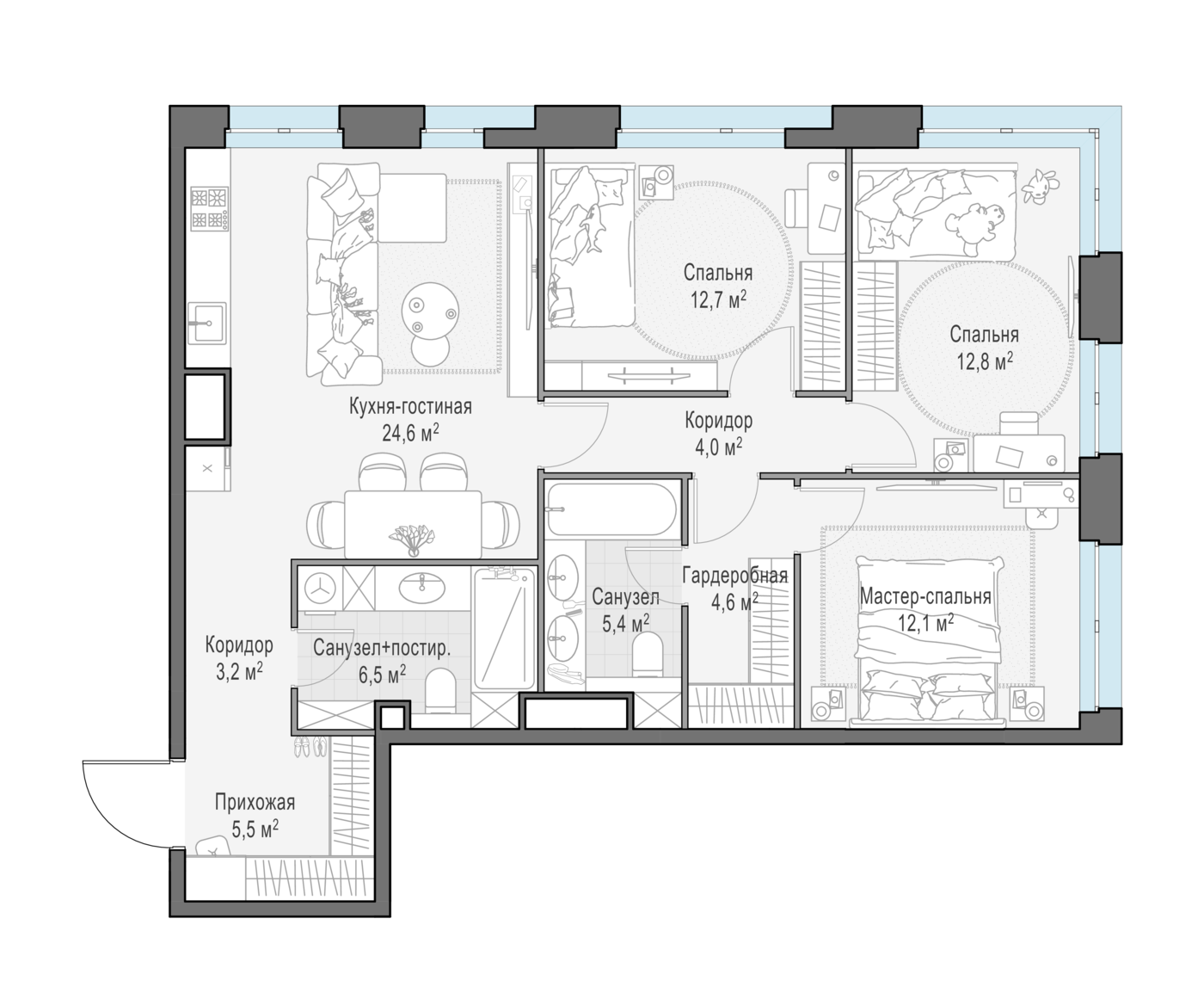 3 комн. квартира, 91.7 м², 12 этаж 