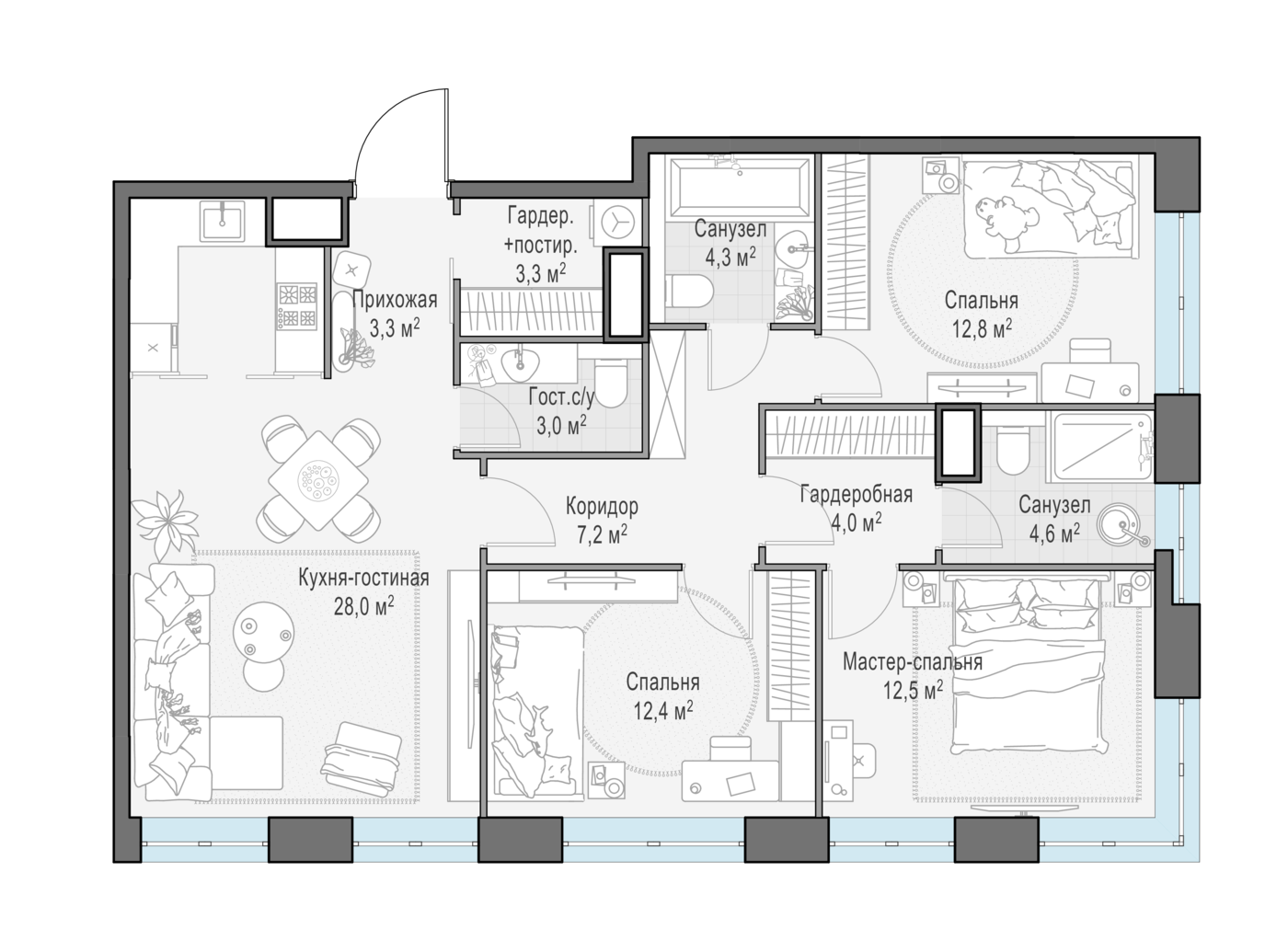 3 комн. квартира, 95.8 м², 9 этаж 