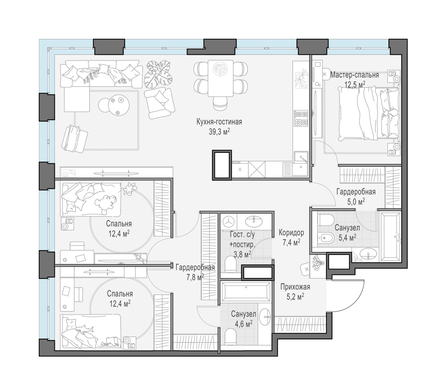 3 комн. квартира, 115.7 м², 12 этаж 