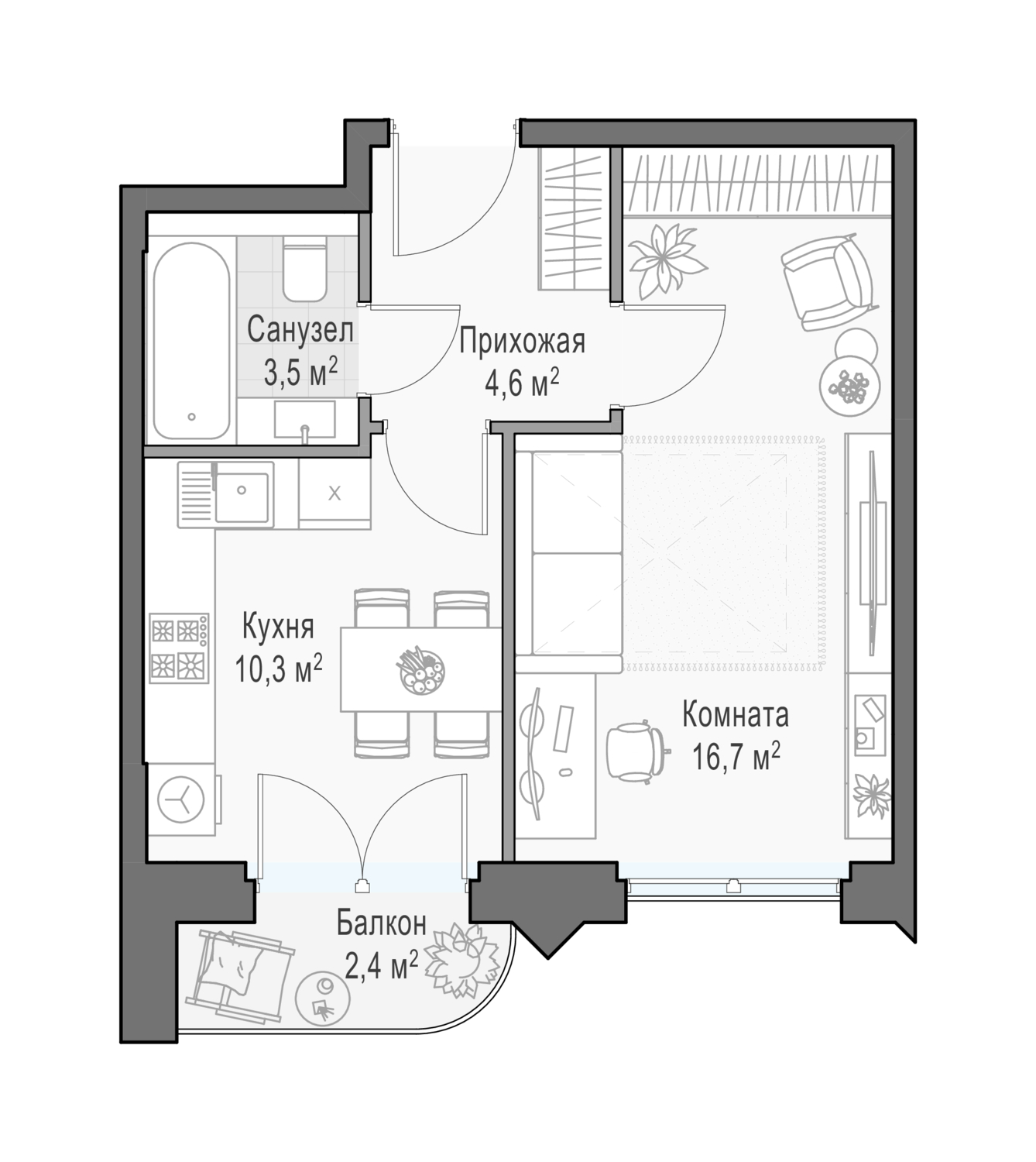1 комн. квартира, 36.9 м², 22 этаж 