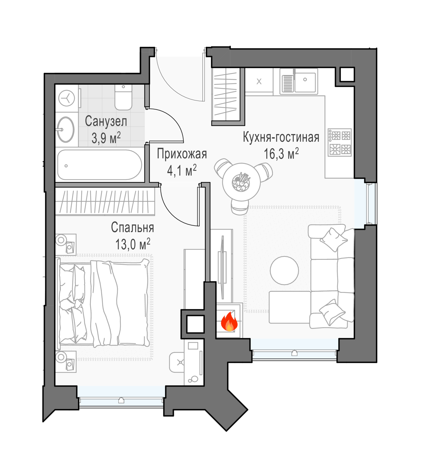 1 комн. квартира, 38.4 м², 20 этаж 