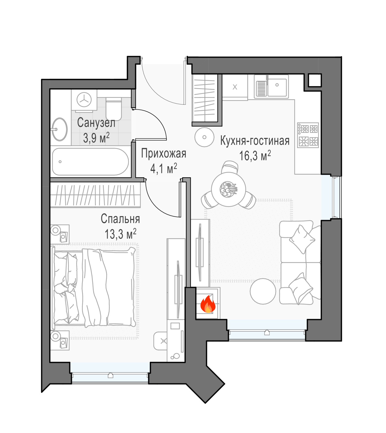 1 комн. квартира, 39 м², 19 этаж 