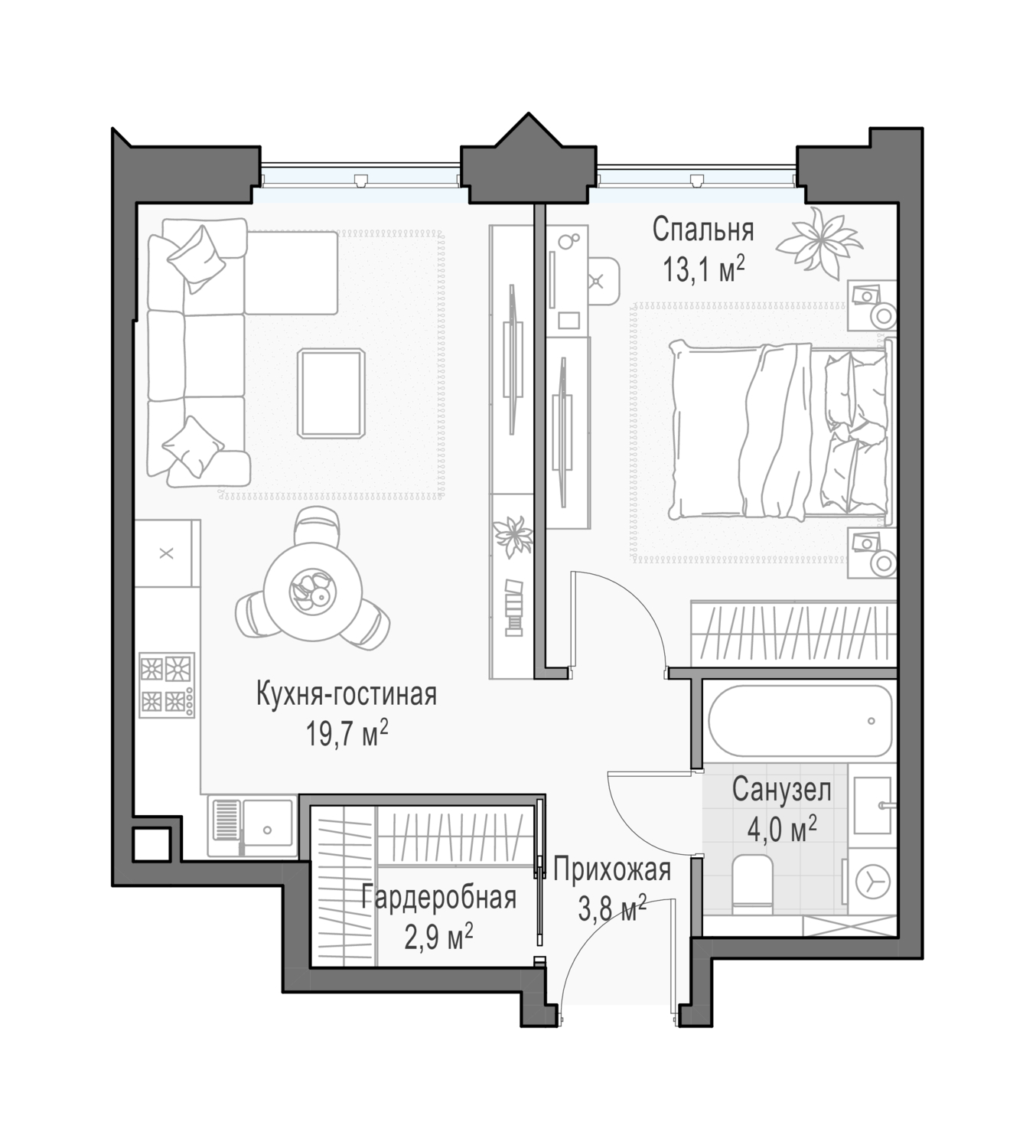 1 комн. квартира, 44.4 м², 24 этаж 
