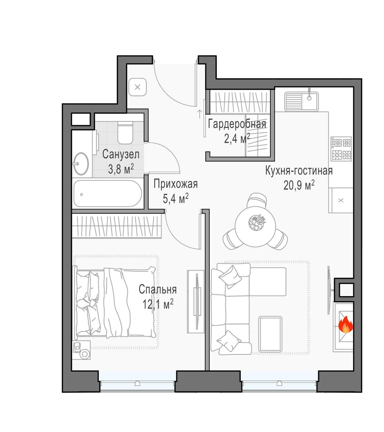 1 комн. квартира, 45.1 м², 20 этаж 