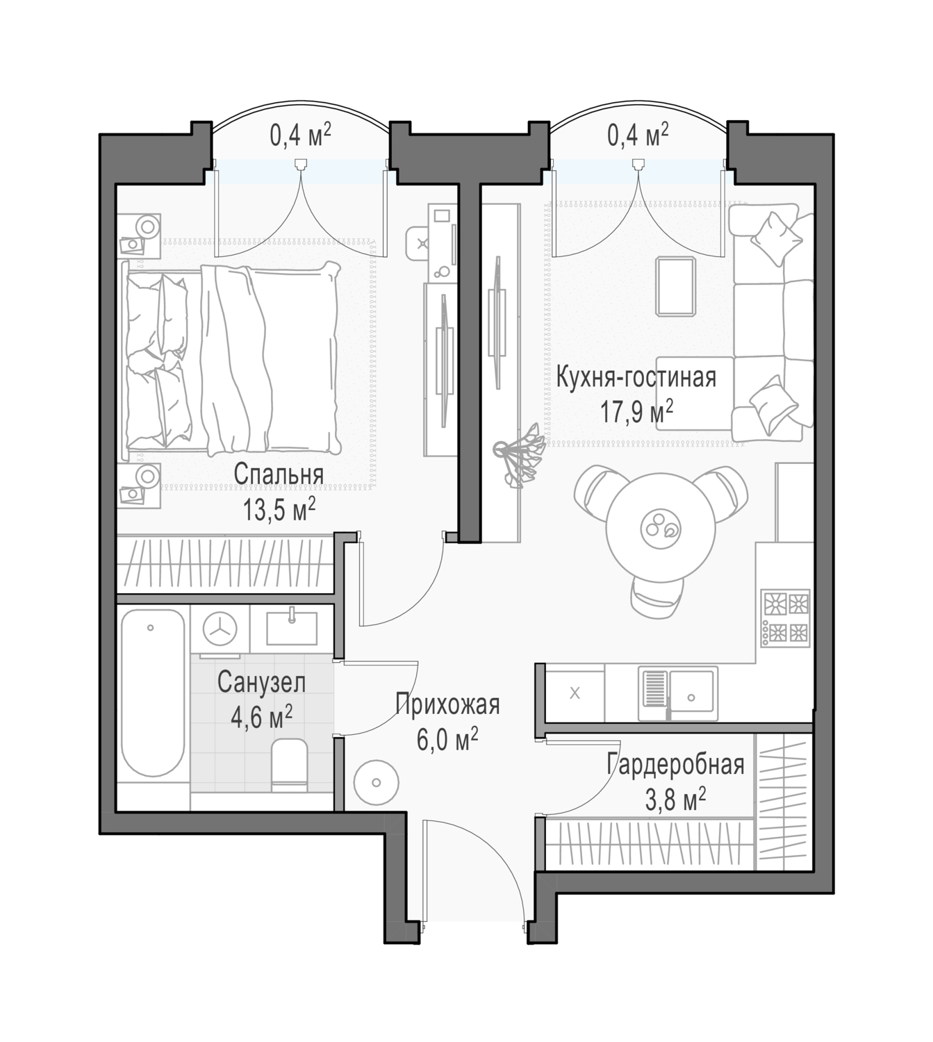 1 комн. квартира, 46.9 м², 13 этаж 