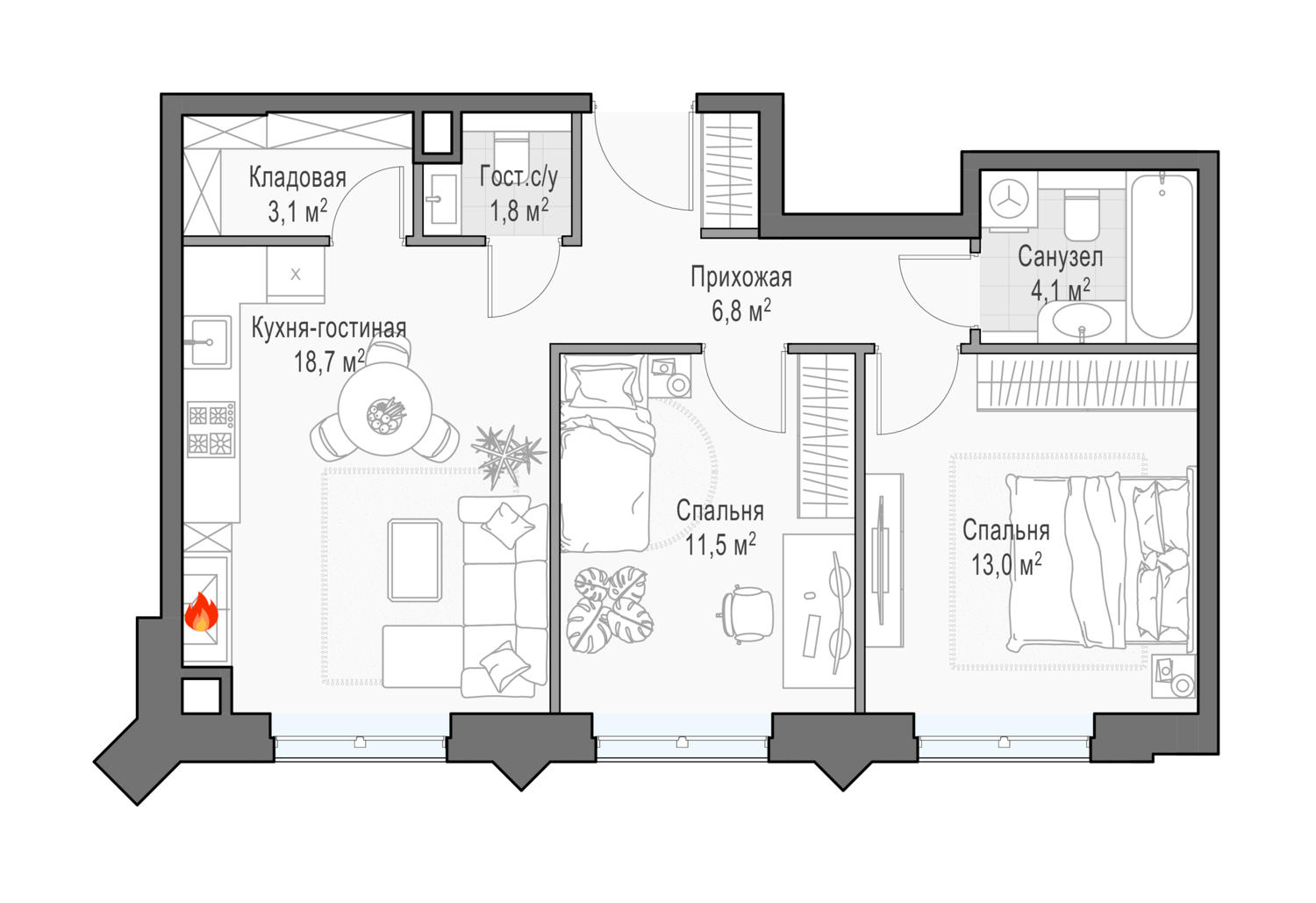 2 комн. квартира, 60.9 м², 20 этаж 