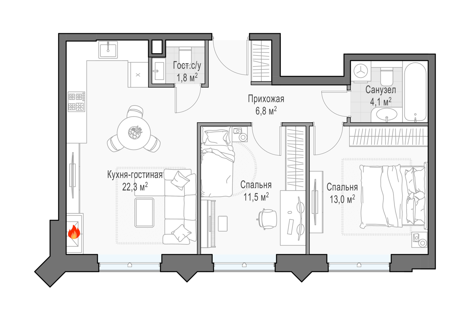 2 комн. квартира, 61.1 м², 19 этаж 
