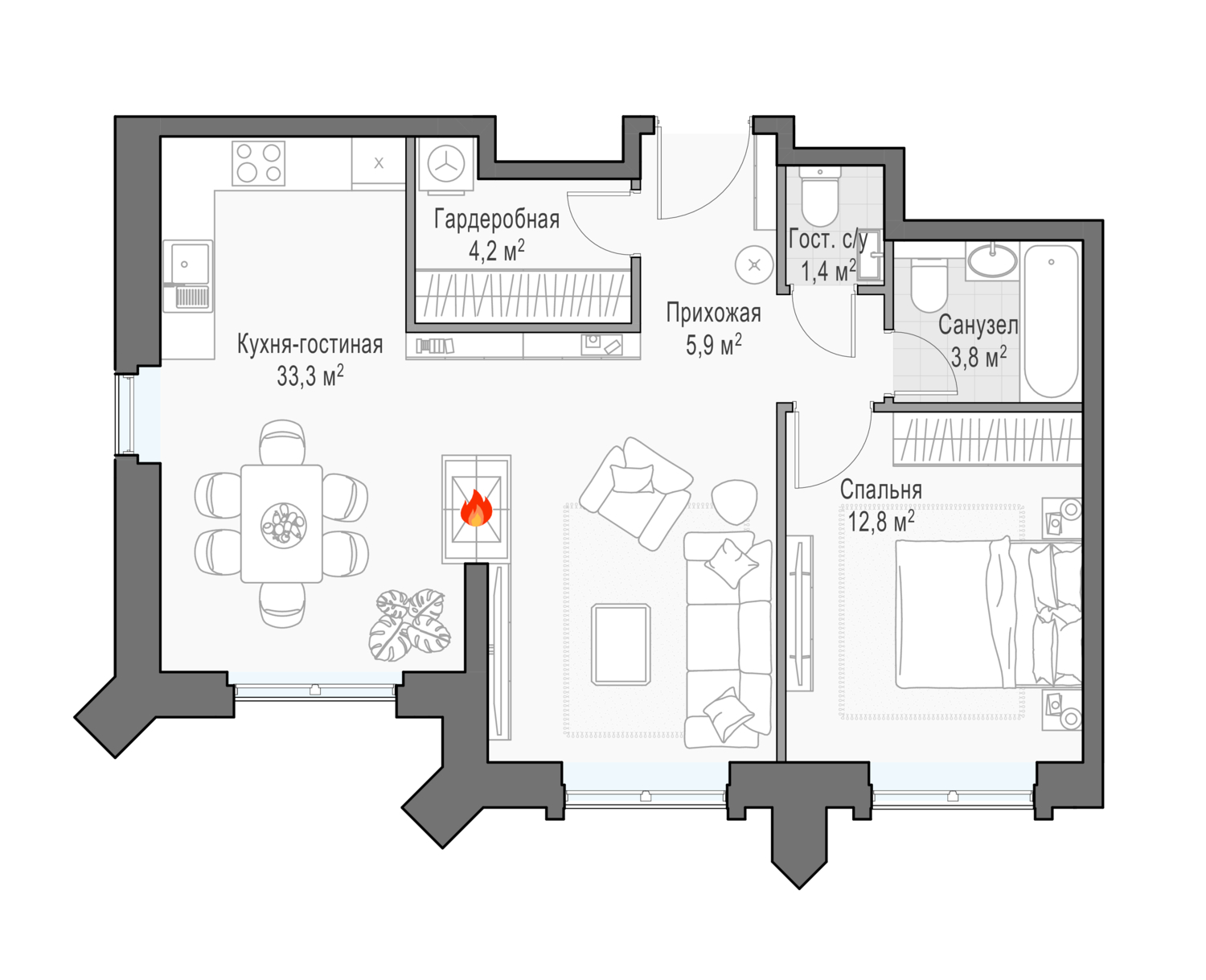 2 комн. квартира, 62.9 м², 24 этаж 