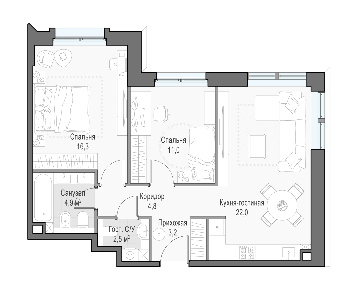 2 комн. квартира, 64.5 м², 17 этаж 