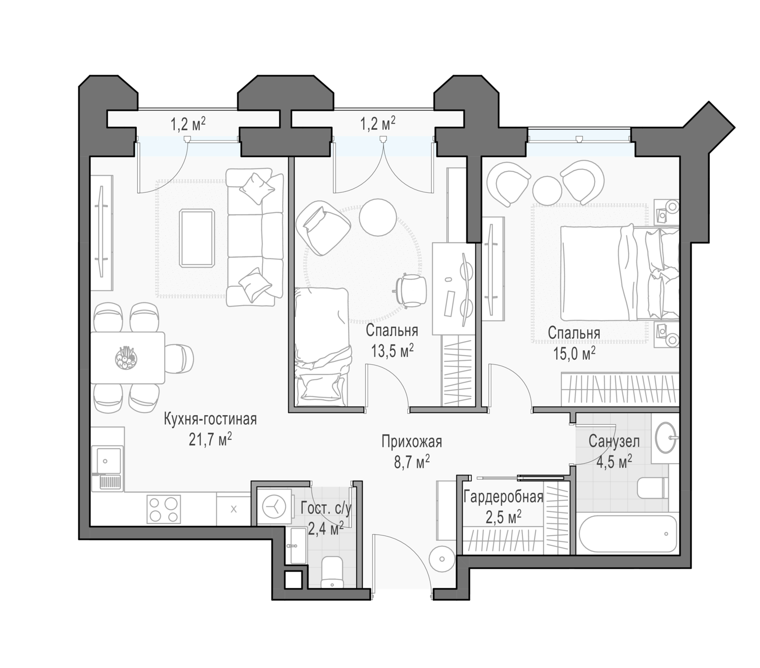2 комн. квартира, 70.3 м², 23 этаж 