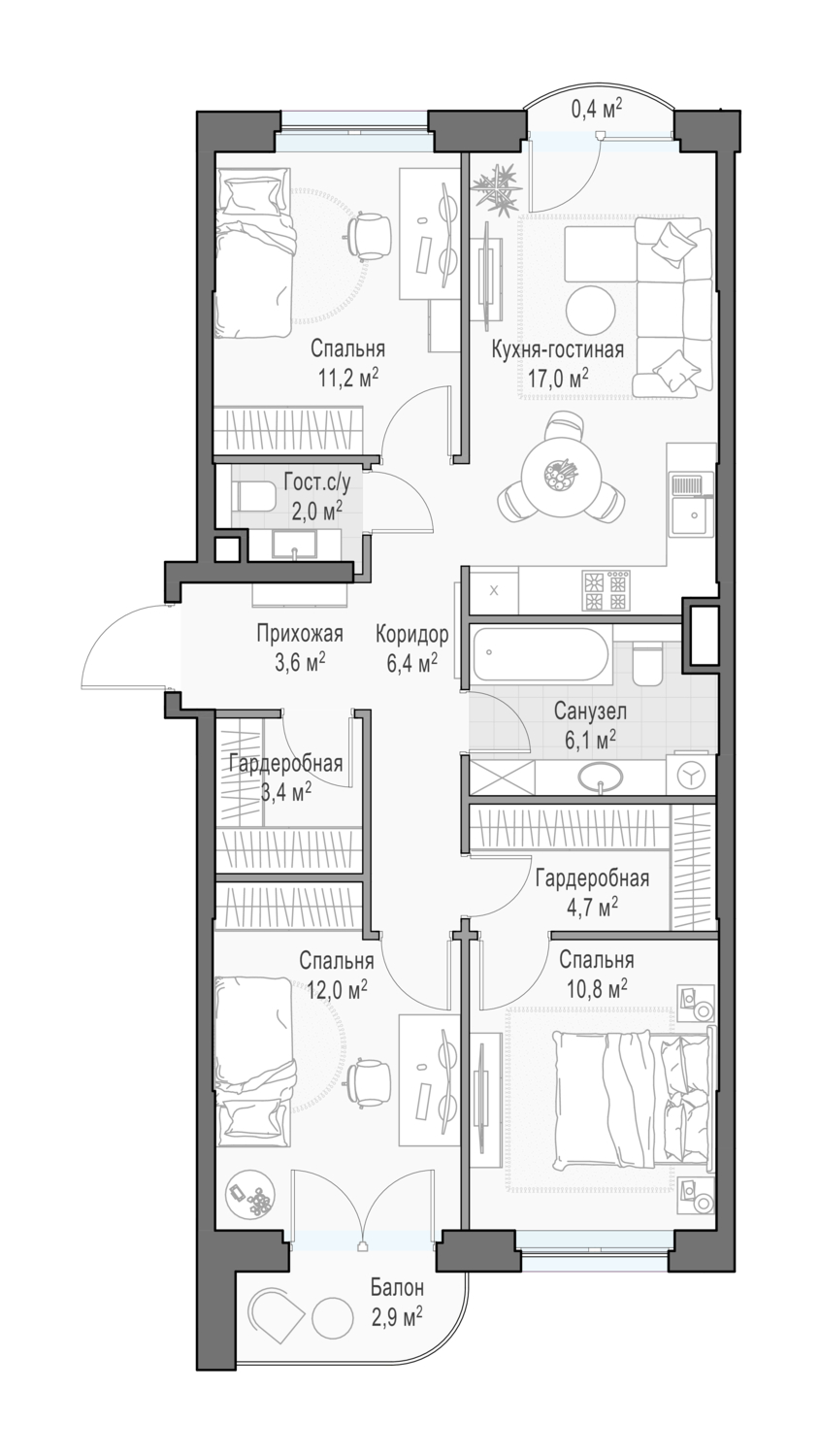 3 комн. квартира, 79.1 м², 15 этаж 