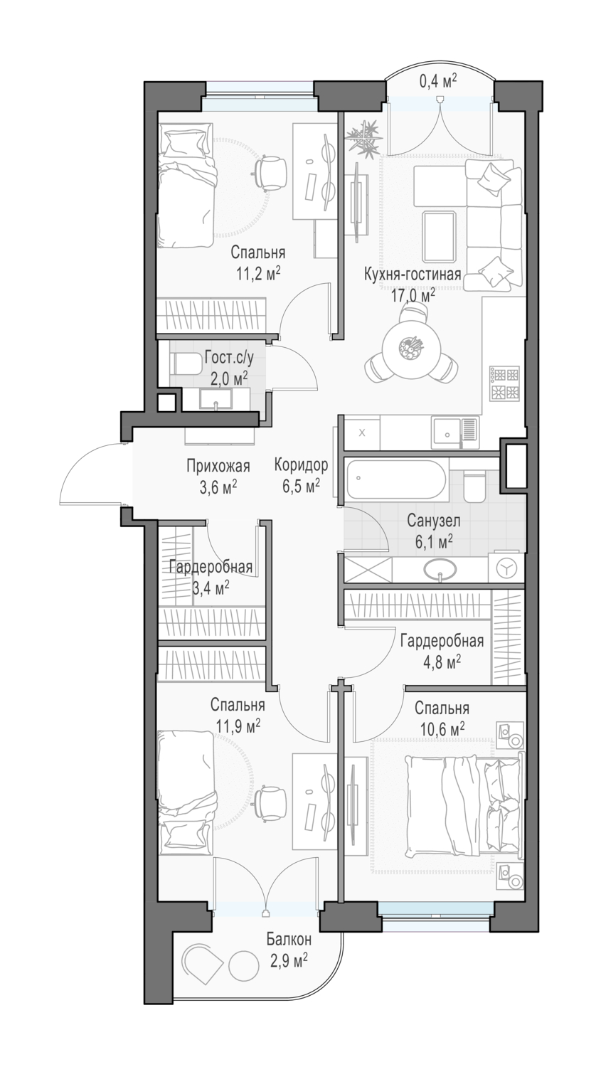 3 комн. квартира, 79.1 м², 13 этаж 