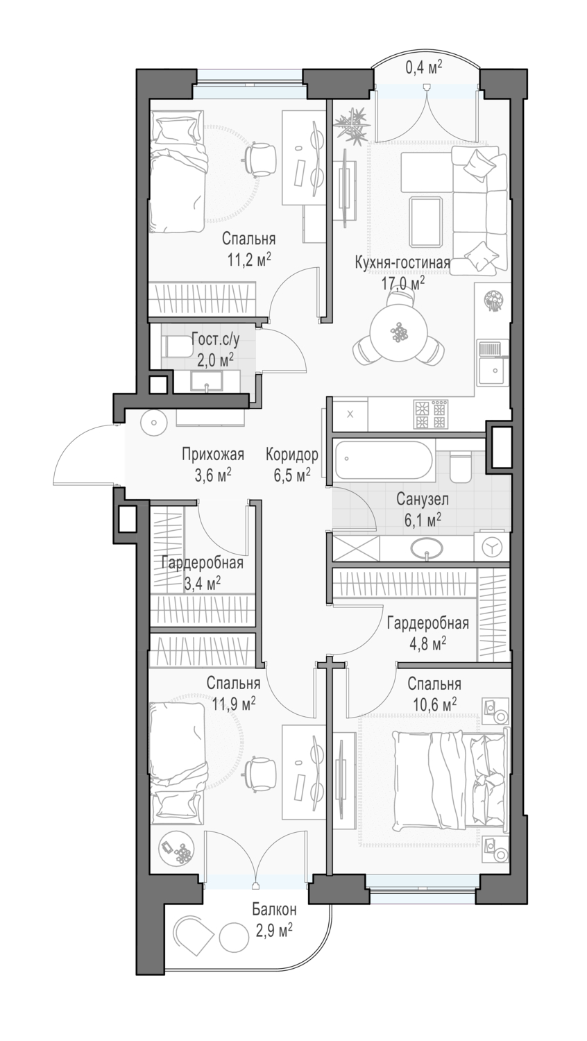 3 комн. квартира, 79.1 м², 11 этаж 