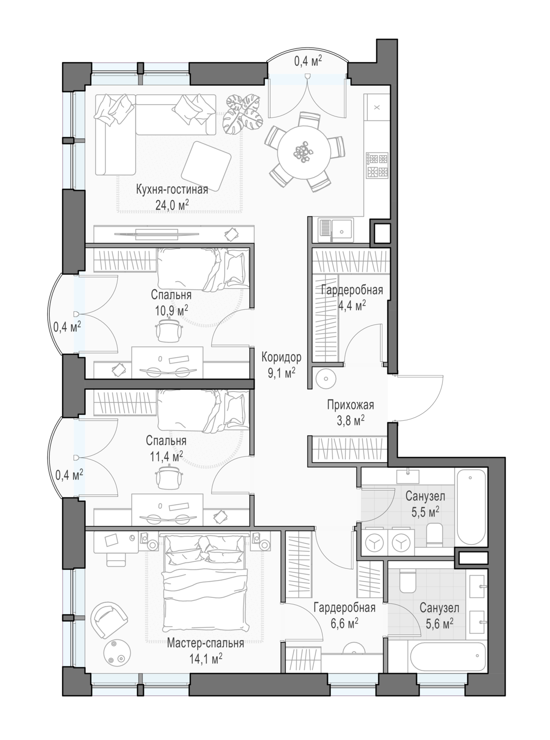 3 комн. квартира, 97.2 м², 6 этаж 