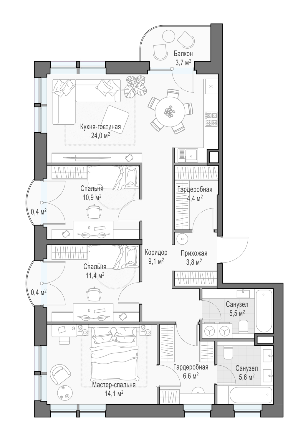 3 комн. квартира, 98.1 м², 7 этаж 