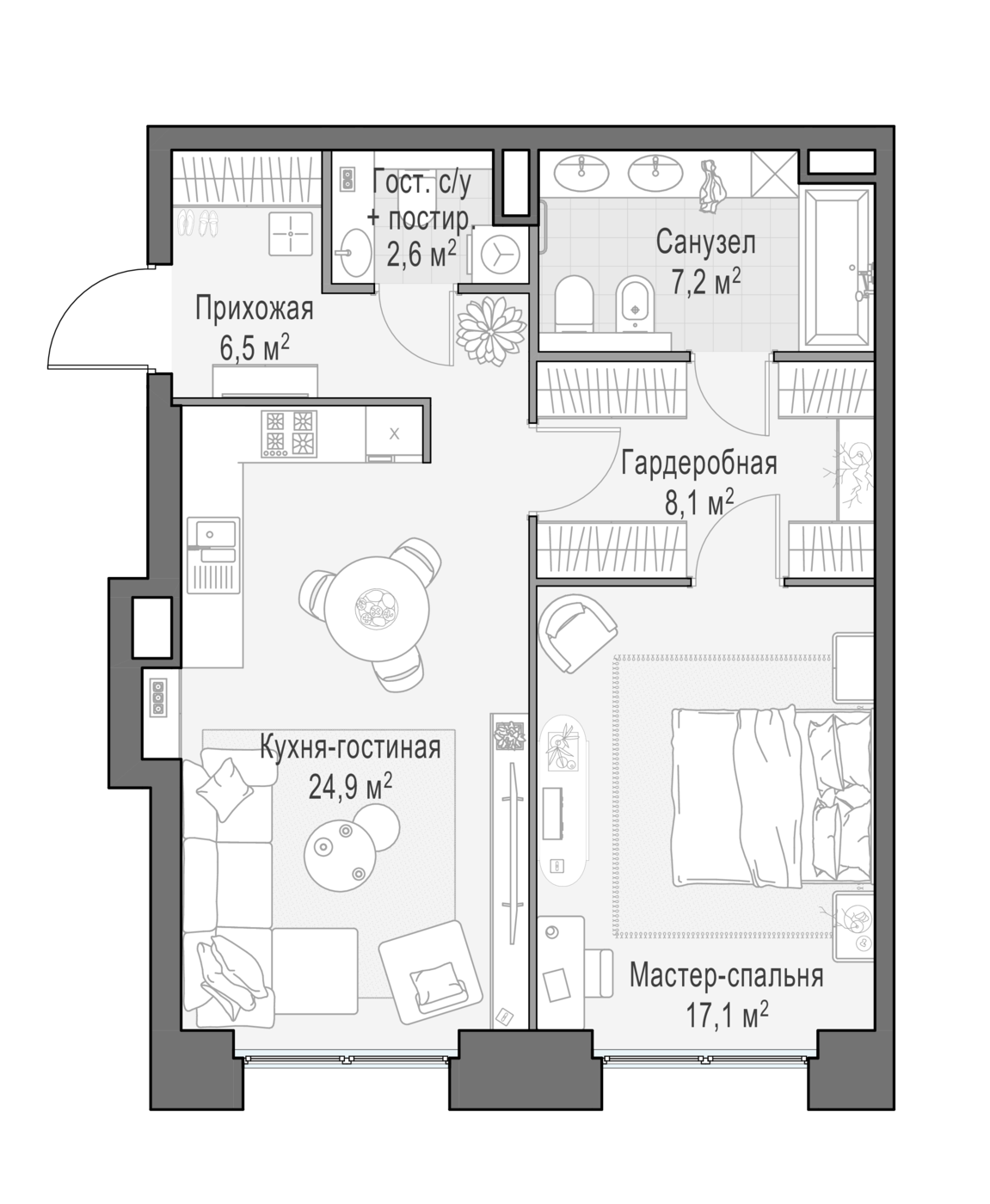 квартира со свободной планировкой, 66.8 м², 2 этаж 