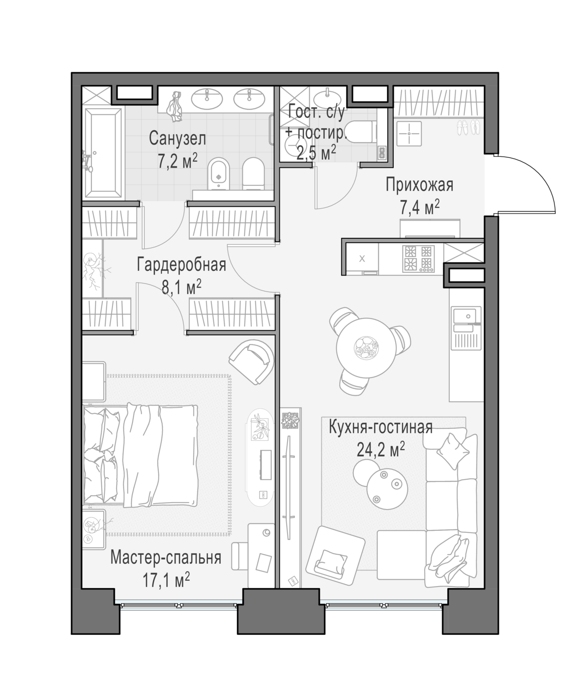 квартира со свободной планировкой, 67.1 м², 2 этаж 