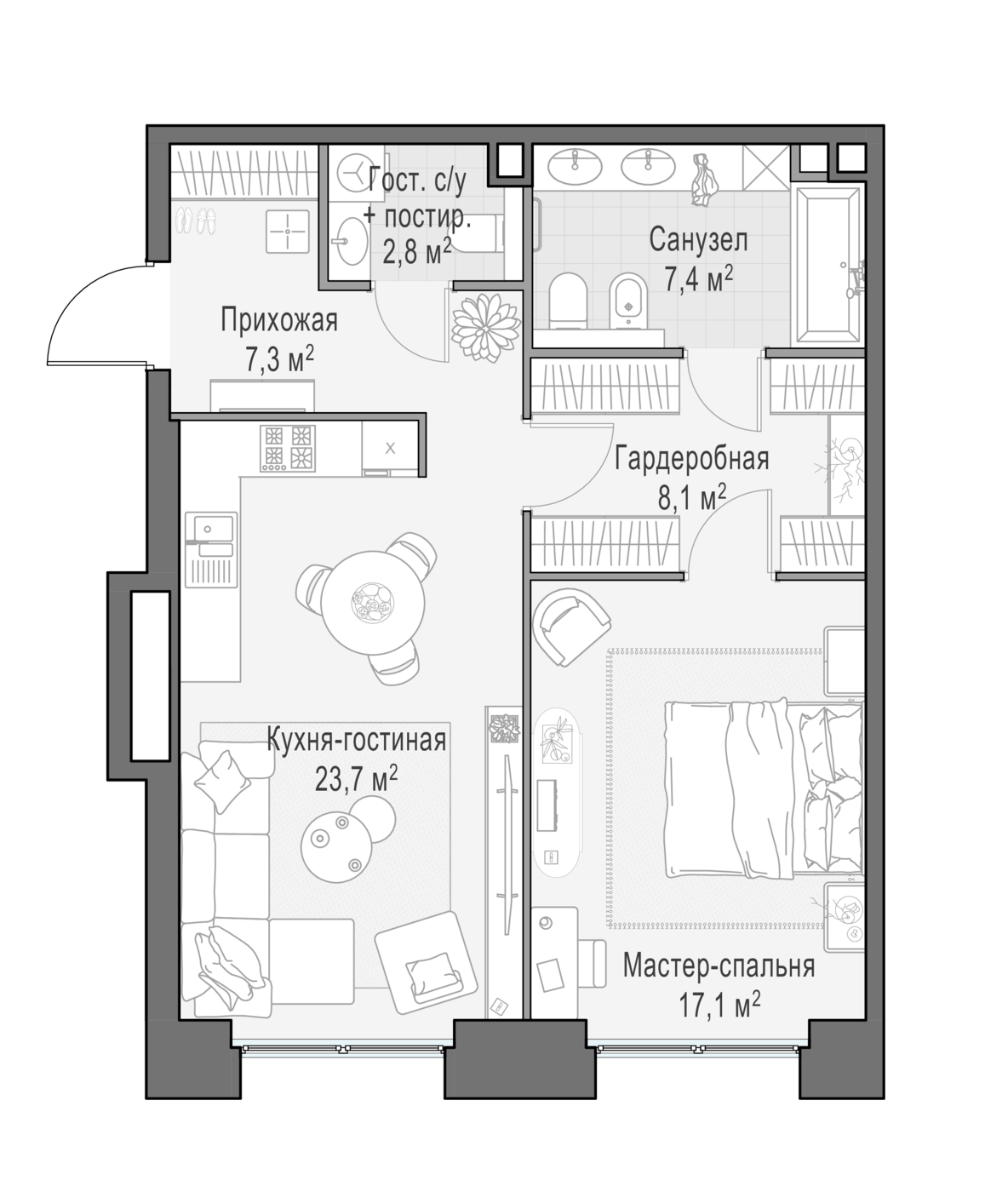 квартира со свободной планировкой, 67.1 м², 4 этаж 