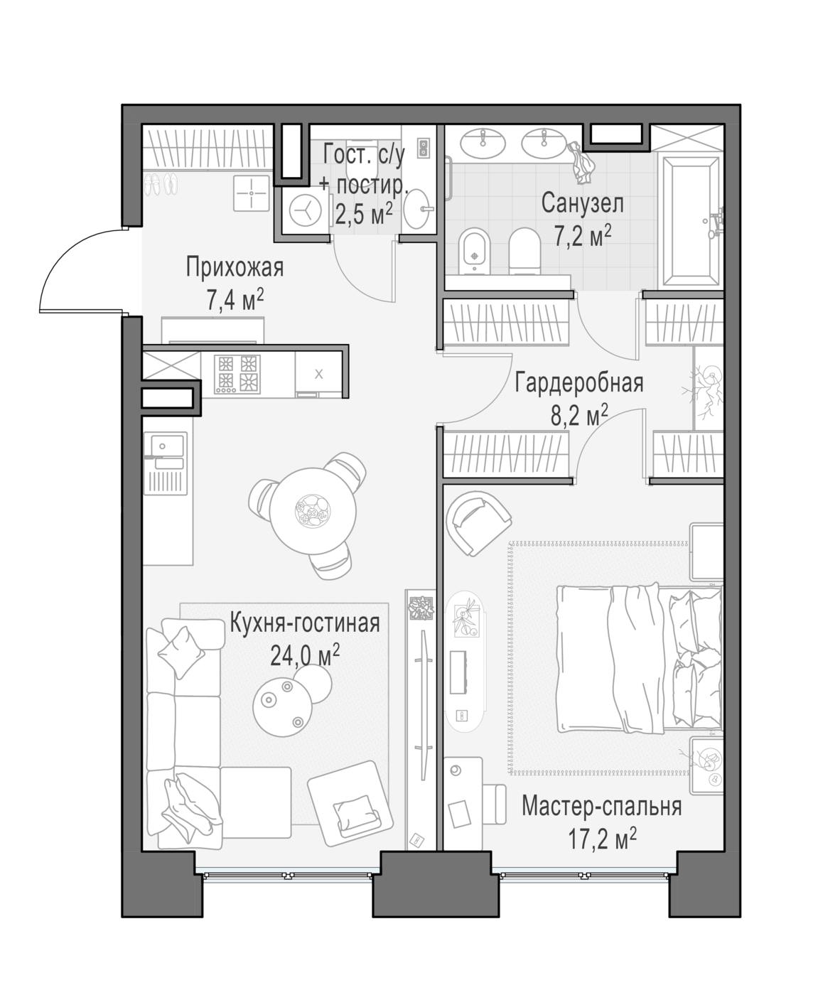 квартира со свободной планировкой, 67.1 м², 2 этаж 