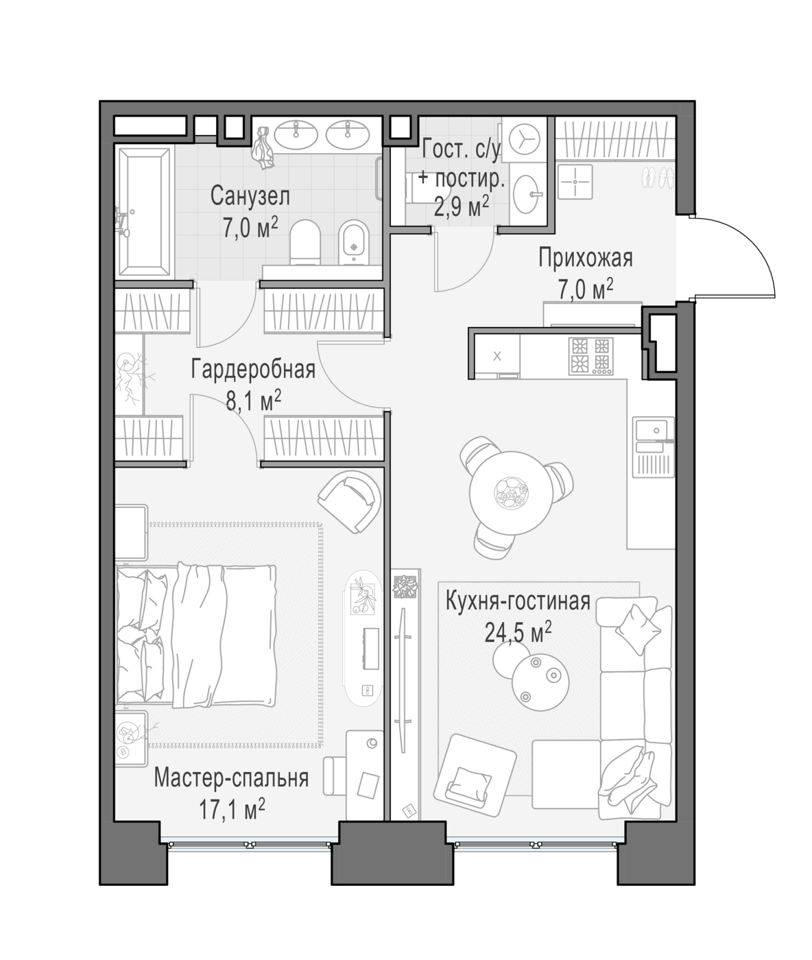 квартира со свободной планировкой, 67.4 м², 4 этаж 