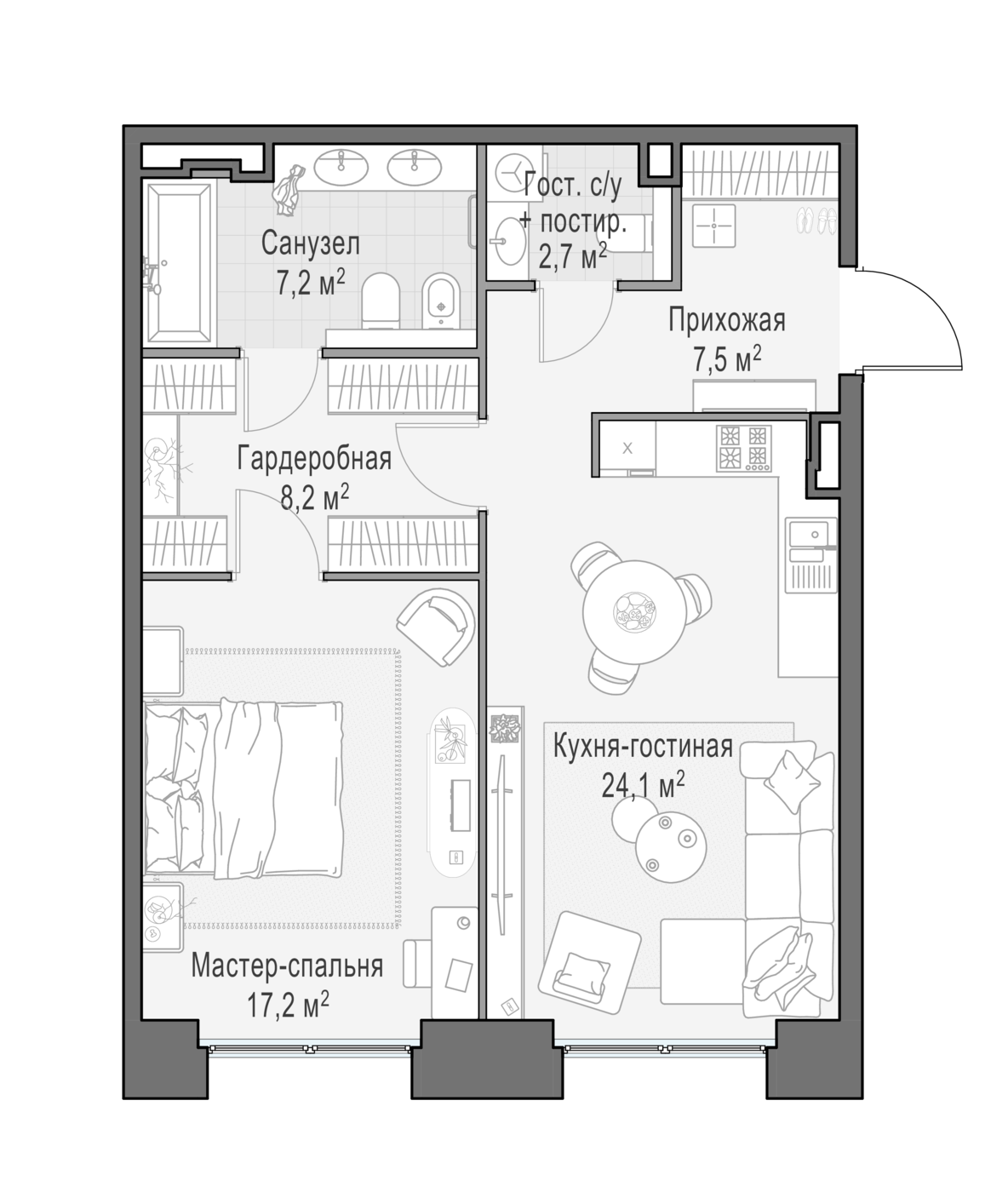 квартира со свободной планировкой, 67.5 м², 5 этаж 