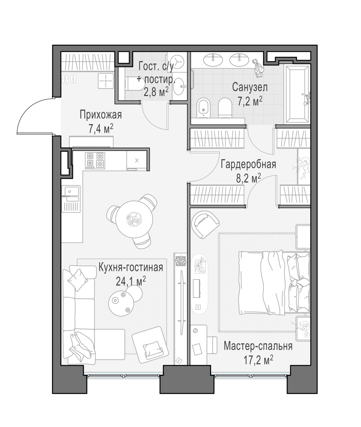 квартира со свободной планировкой, 67.5 м², 4 этаж 