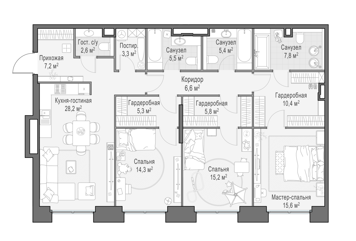 3 комн. квартира, 134.7 м², 6 этаж 