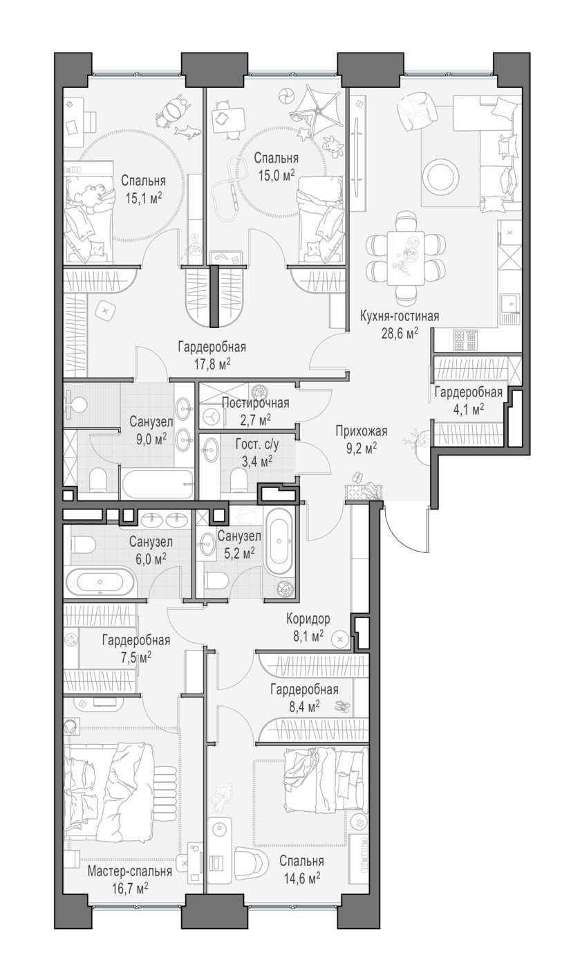 4 комн. квартира, 173.1 м², 4 этаж 