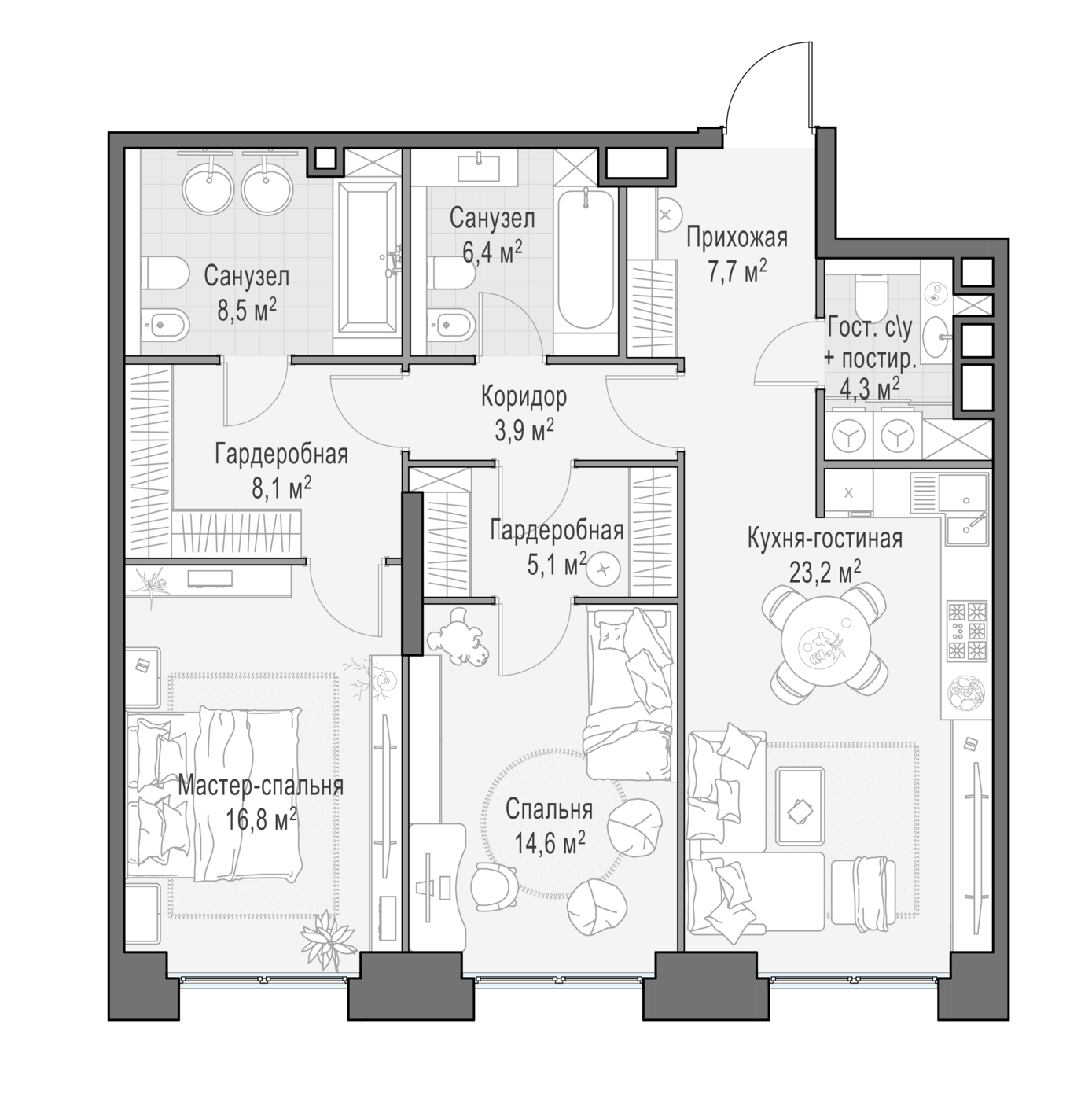 2 комн. квартира, 99.5 м², 4 этаж 