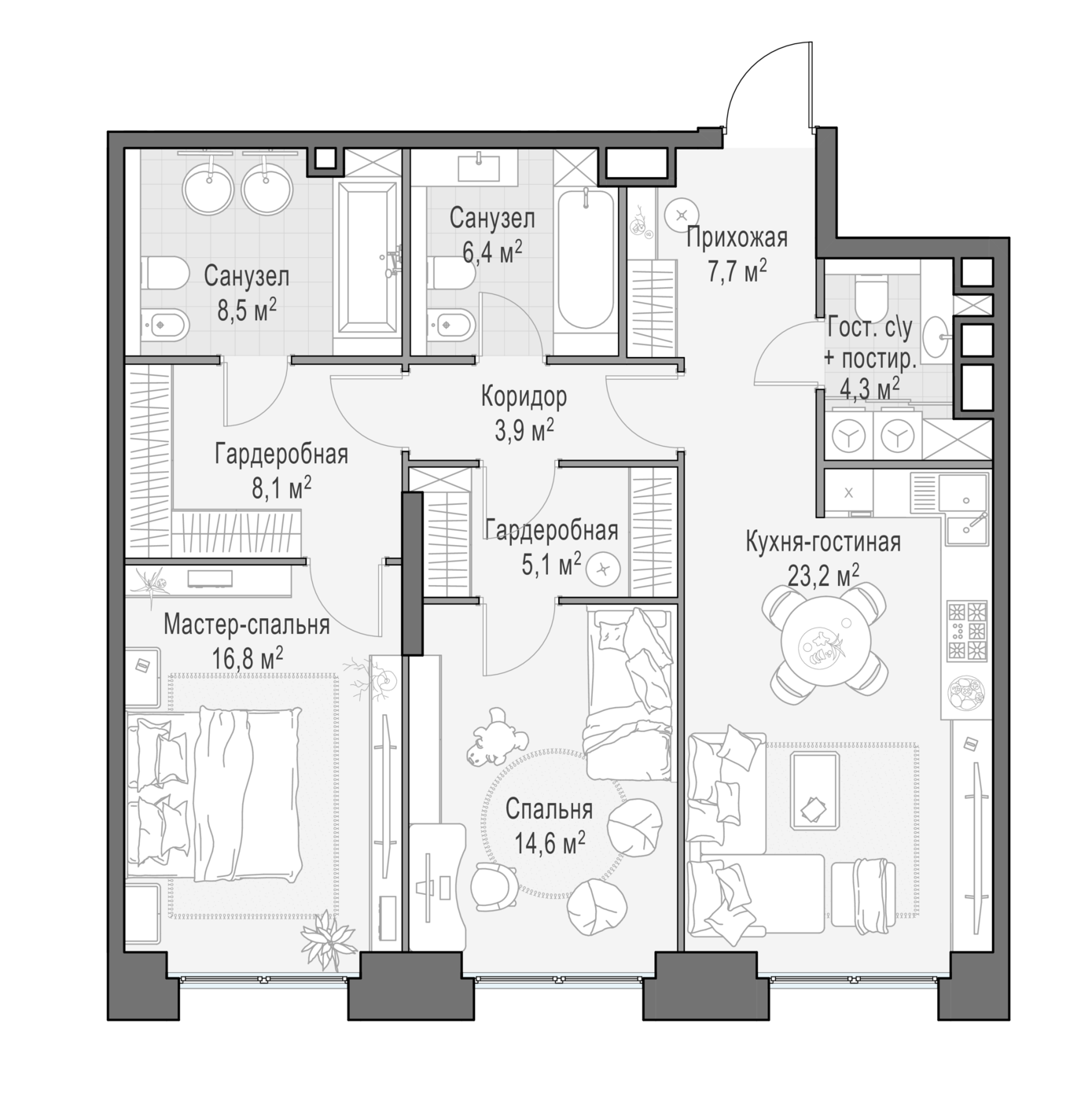 2 комн. квартира, 99.5 м², 8 этаж 