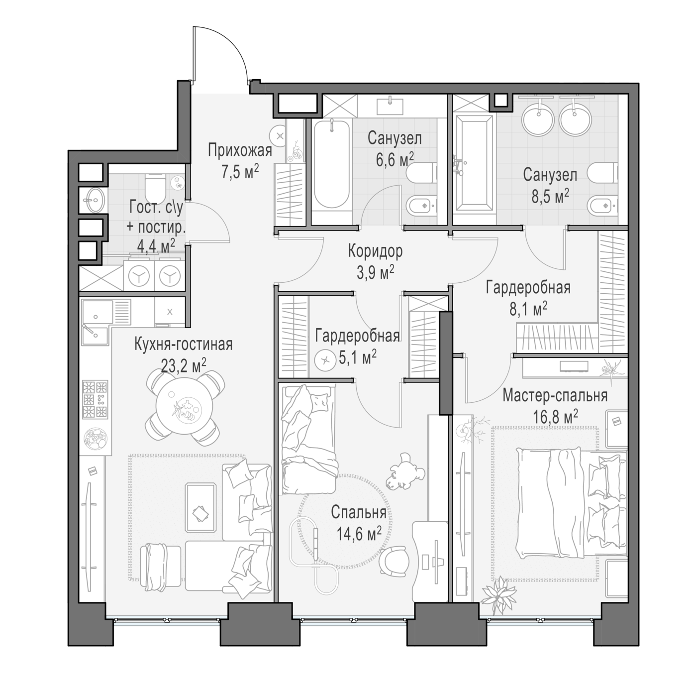 2 комн. квартира, 99.5 м², 8 этаж 