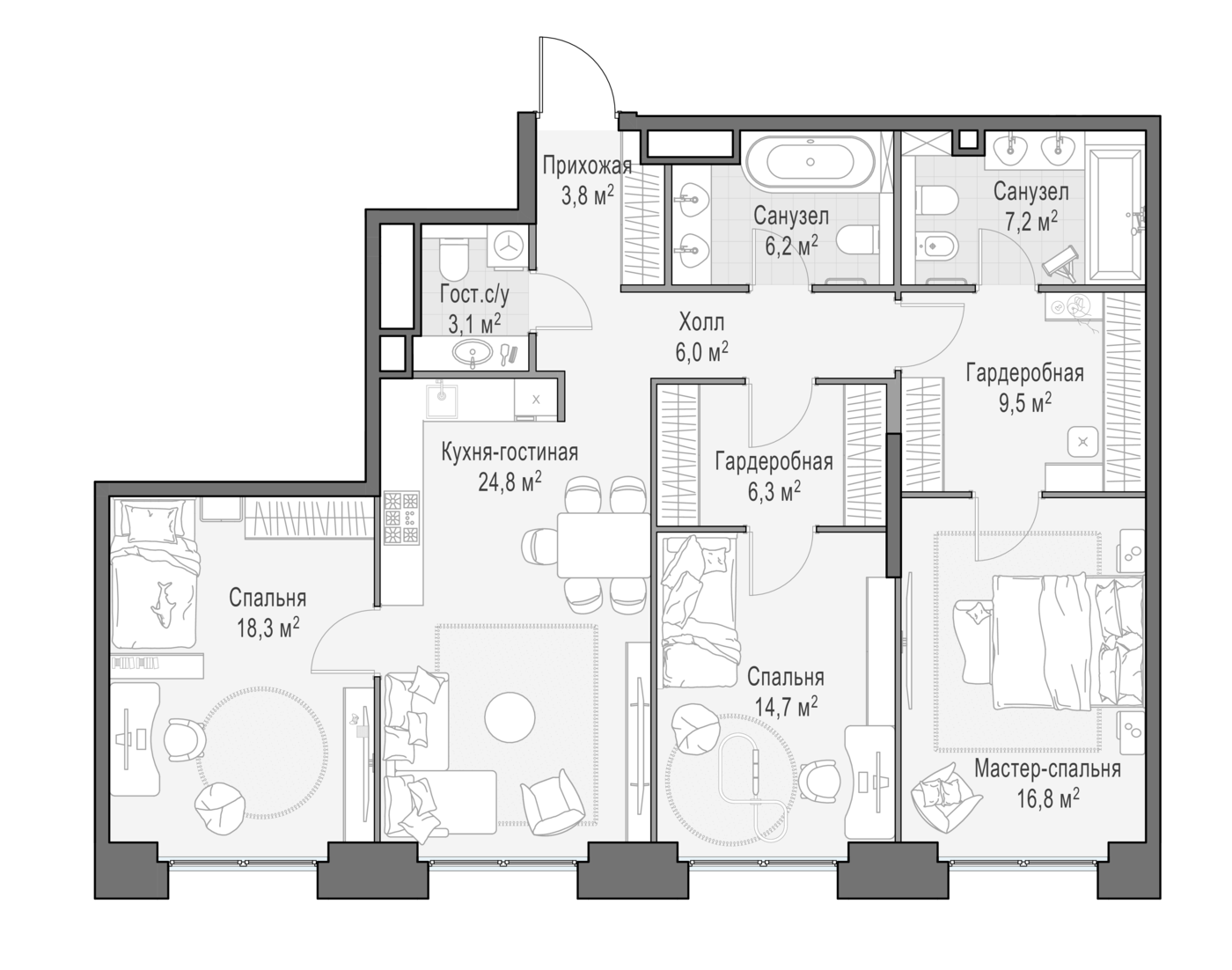 3 комн. квартира, 117.7 м², 18 этаж 