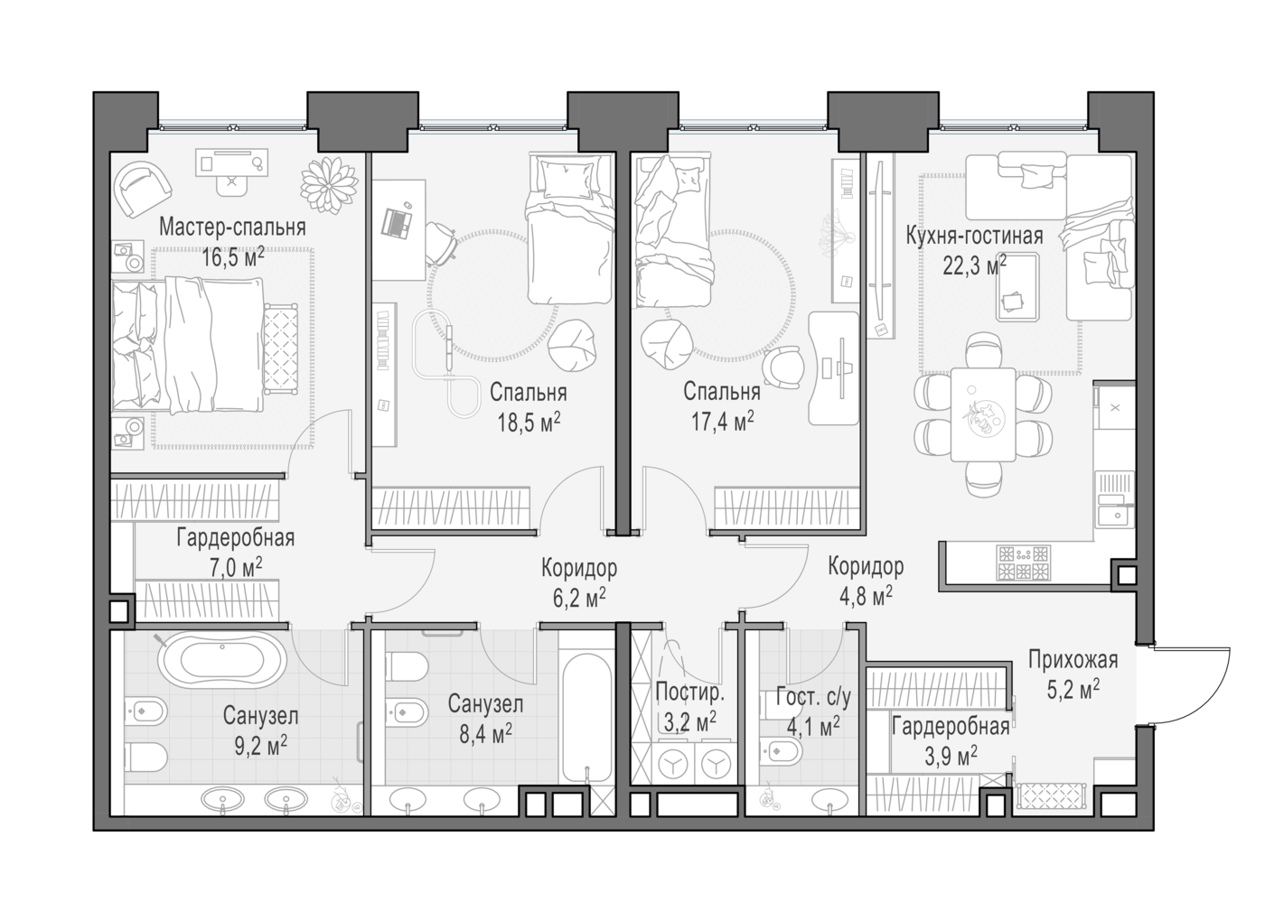 3 комн. квартира, 127.6 м², 10 этаж 