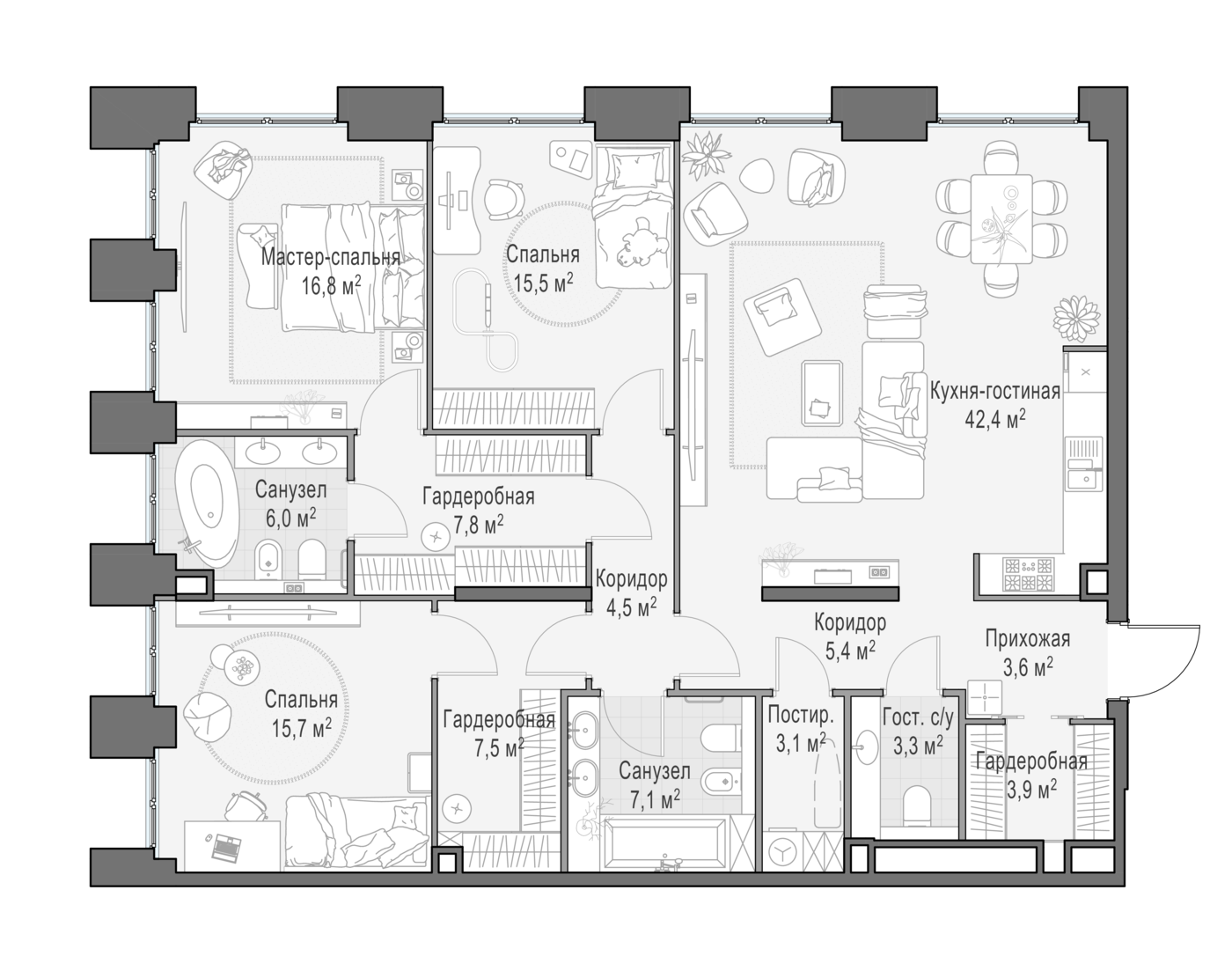 3 комн. квартира, 143.5 м², 17 этаж 