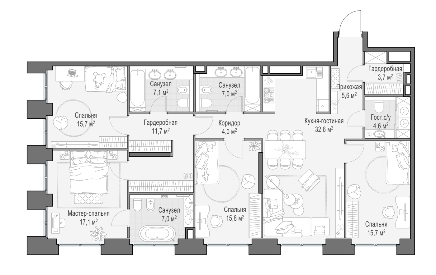 4 комн. квартира, 149 м², 15 этаж 