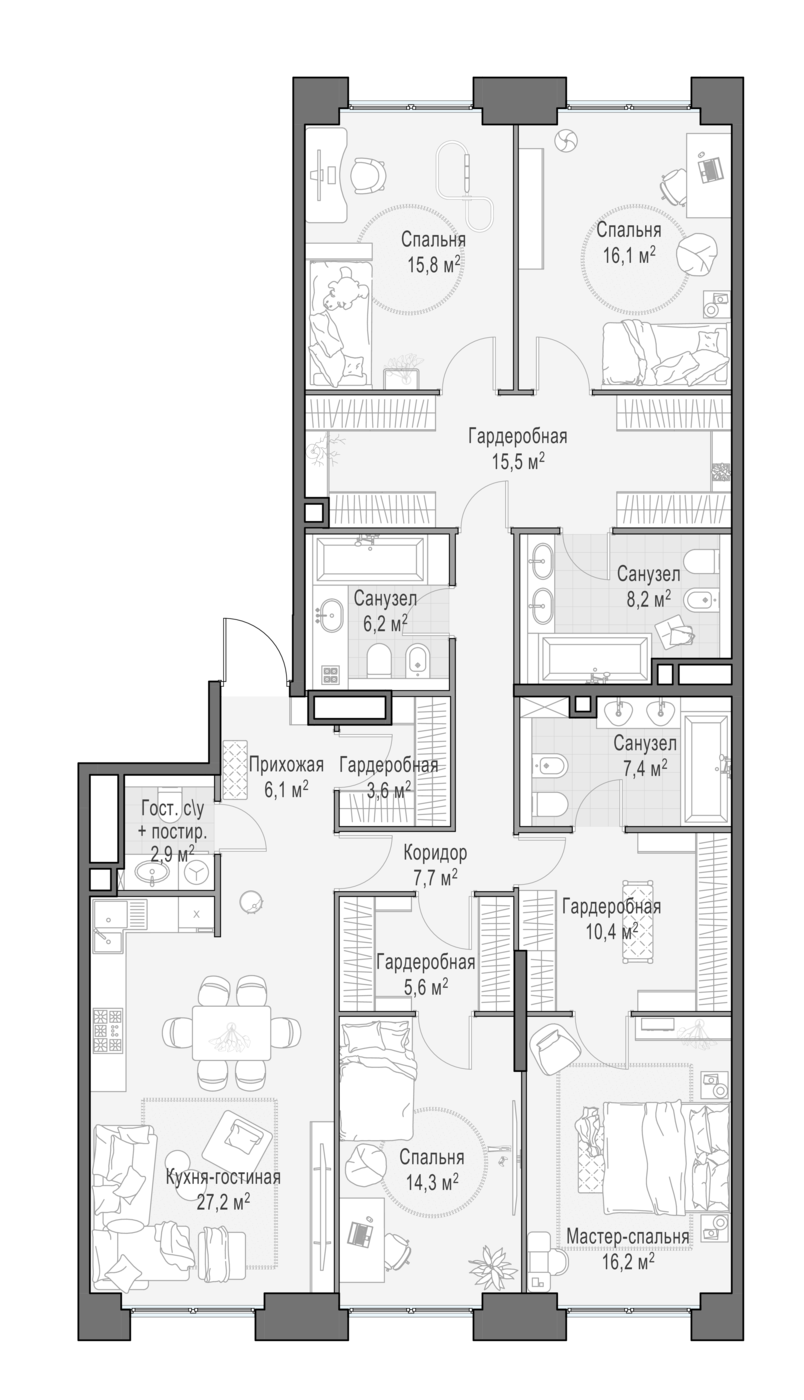 4 комн. квартира, 164.2 м², 16 этаж 