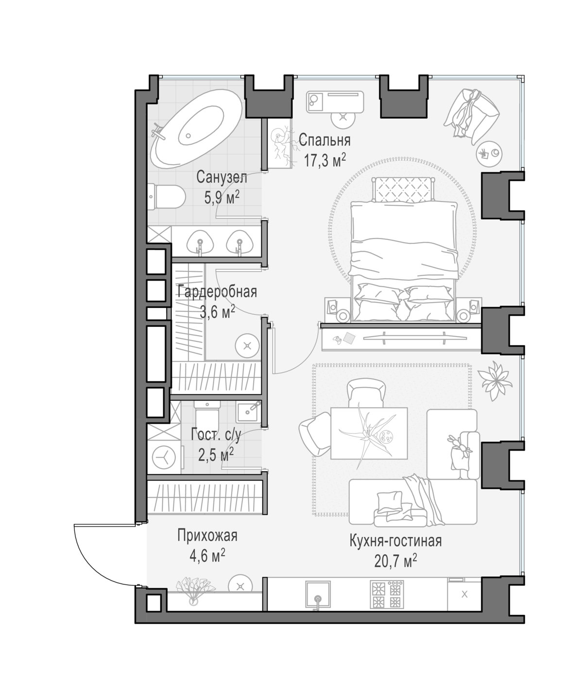 1 комн. квартира, 55.2 м², 11 этаж 