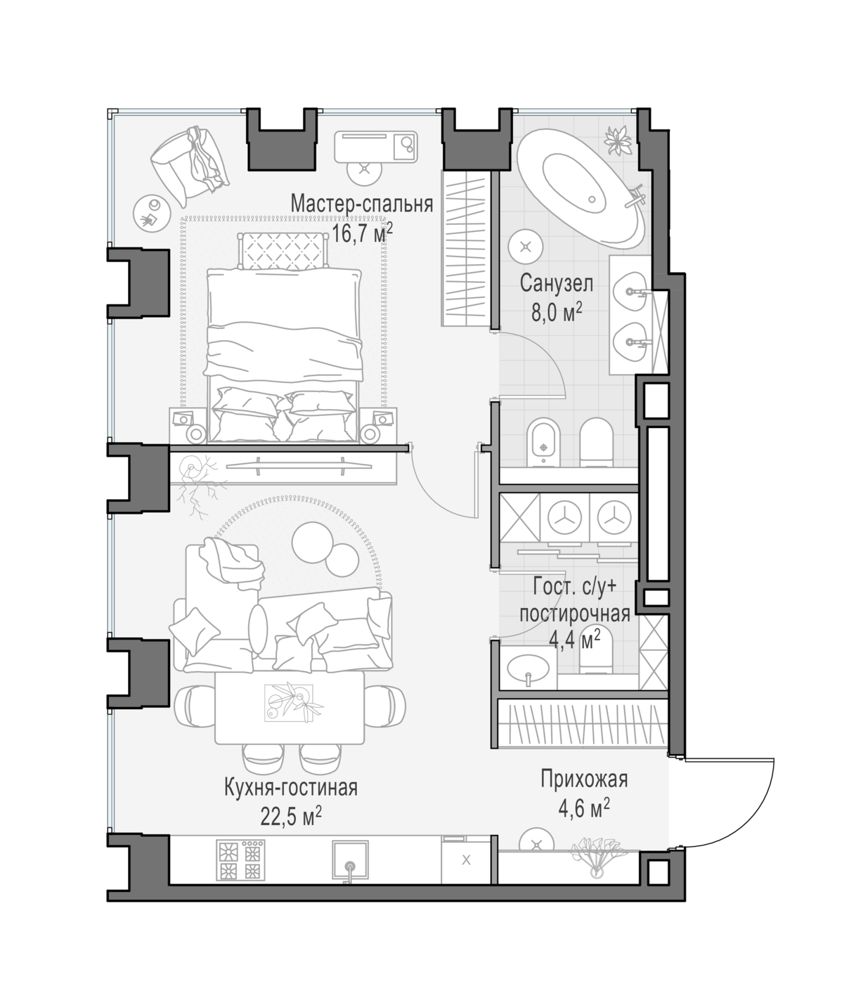 1 комн. квартира, 56.6 м², 6 этаж 