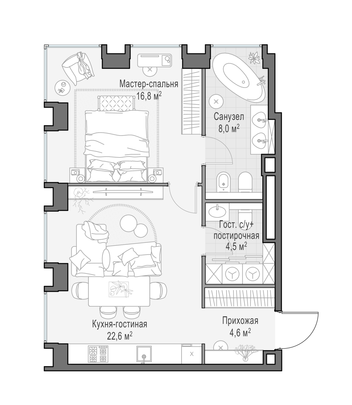 1 комн. квартира, 56.9 м², 21 этаж 