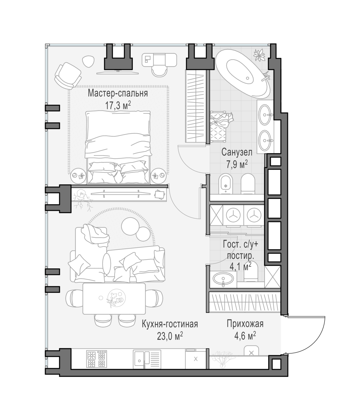 1 комн. квартира, 57.4 м², 14 этаж 