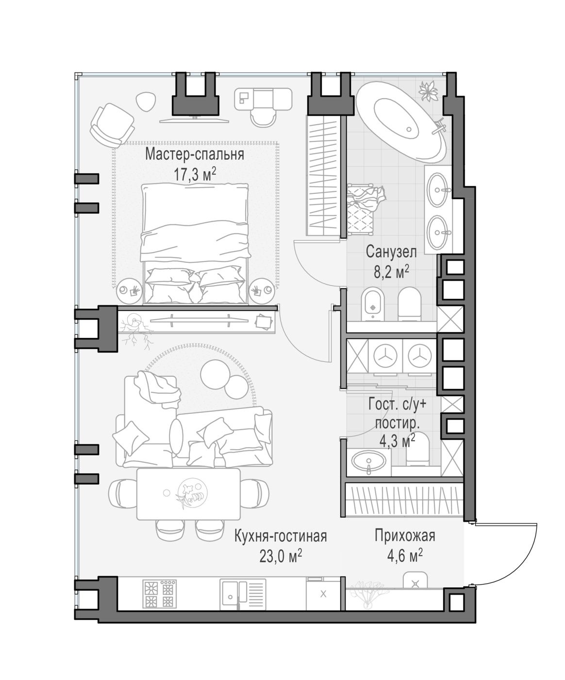 1 комн. квартира, 57.8 м², 12 этаж 