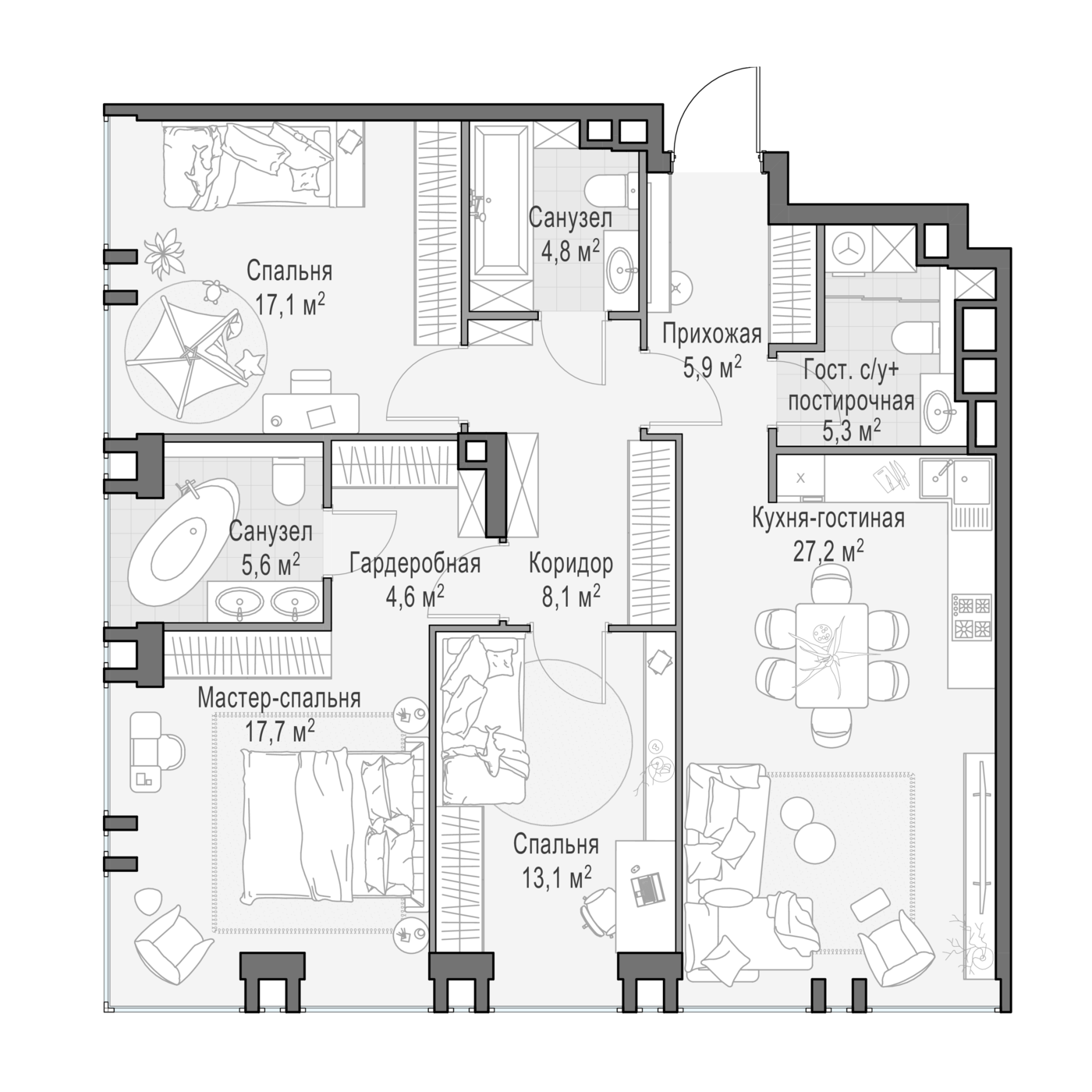 3 комн. квартира, 110.2 м², 12 этаж 